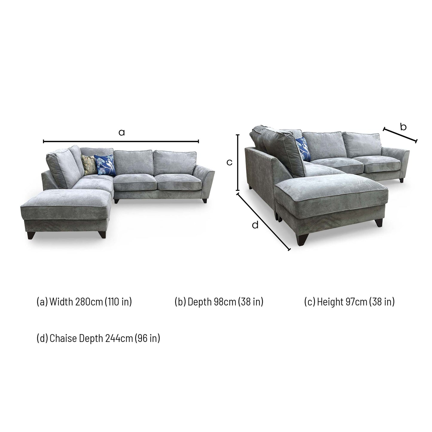 Dimensions for the Furniture Village ‘Legend’ Left Hand Facing Kingston Grey Fabric Classic Back Corner Sofa: