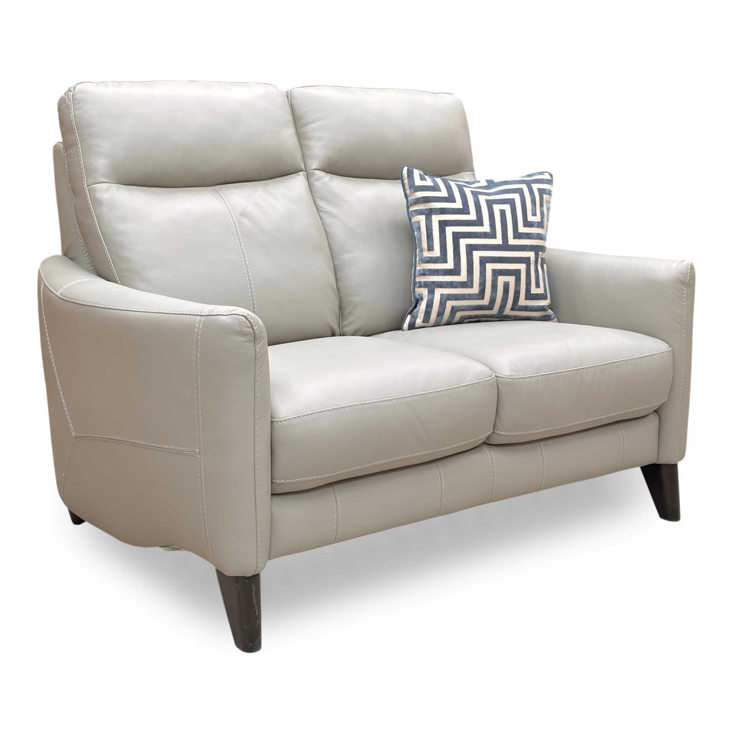 Full view of the feather grey leather sofa, highlighting the narrow arms and tapered wooden legs designed for smaller living spaces.