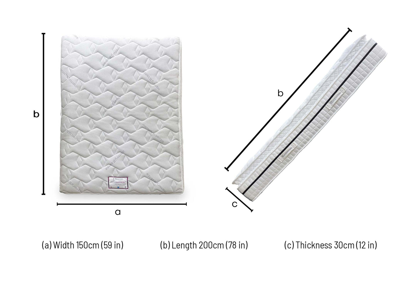 Technical dimension diagram for the Sleepeezee Memory Sense King Mattress: Width 150cm, Length 200cm, Depth 30cm.