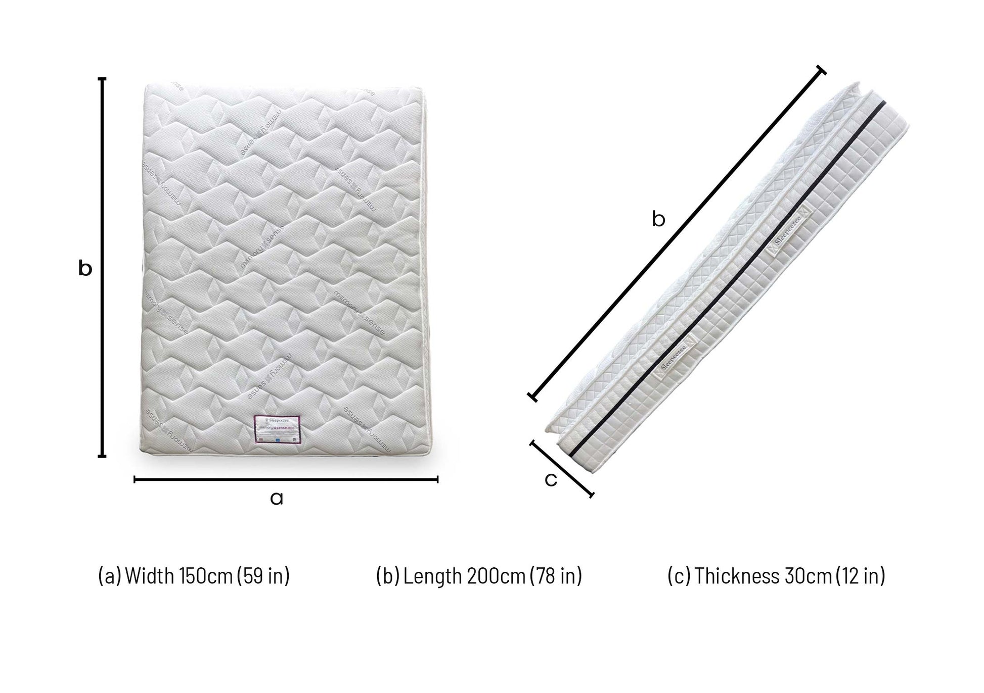 Technical dimension diagram for the Sleepeezee Memory Sense King Mattress: Width 150cm, Length 200cm, Depth 30cm.