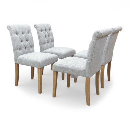 ‘Lewis’ Mist Grey Fabric Button Back Roll Back Dining Chairs