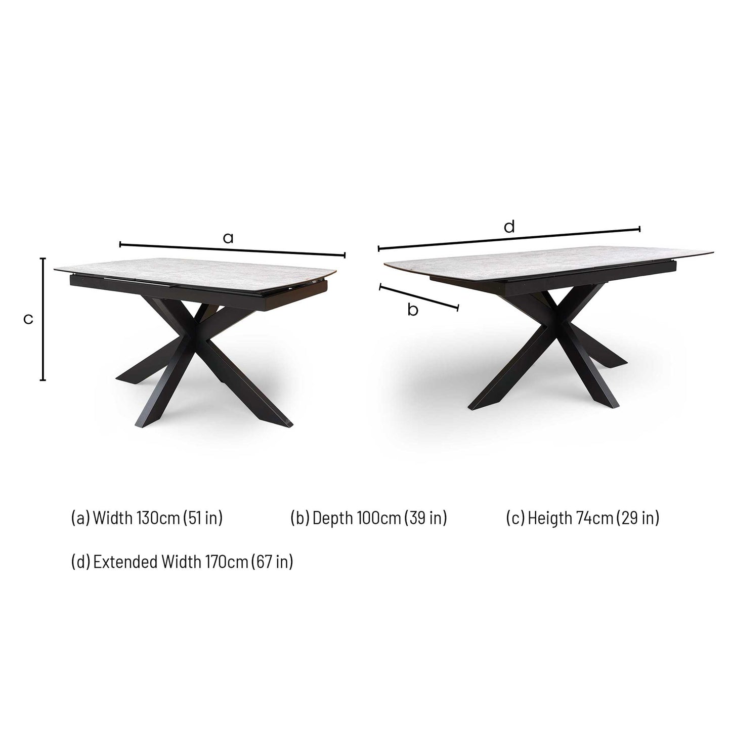 ‘Raul’ Matte Silver Ceramic Top 130cm Pop Up Extending Dining Table