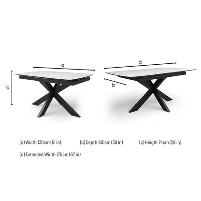 ‘Raul’ Matte Silver Ceramic Top 130cm Pop Up Extending Dining Table