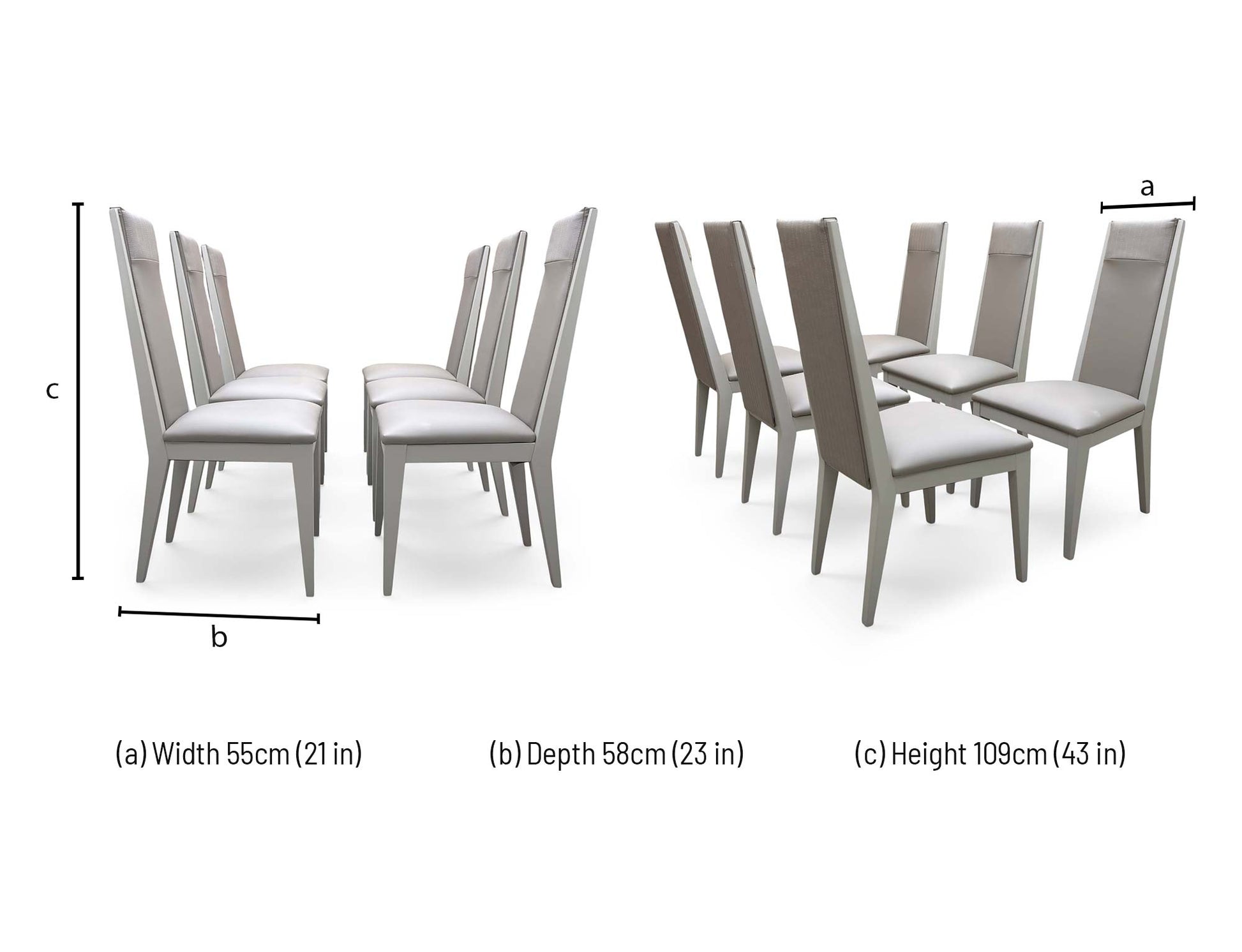 Technical dimension diagram for the ‘Lusso’ Taupe Panelled Faux Leather Dining Chairs: Height 93cm, Width 45cm, Depth 58cm.