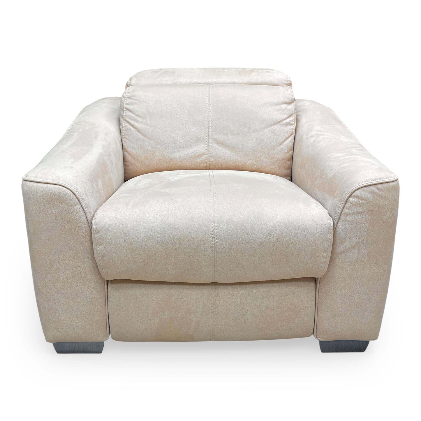 Front view of the World of Leather ‘Xavier’ Power Recliner Chair in Bisque Cream Suede, featuring a contemporary design and cushioned curves.