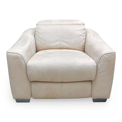 Front view of the World of Leather ‘Xavier’ Power Recliner Chair in Bisque Cream Suede, featuring a contemporary design and cushioned curves.