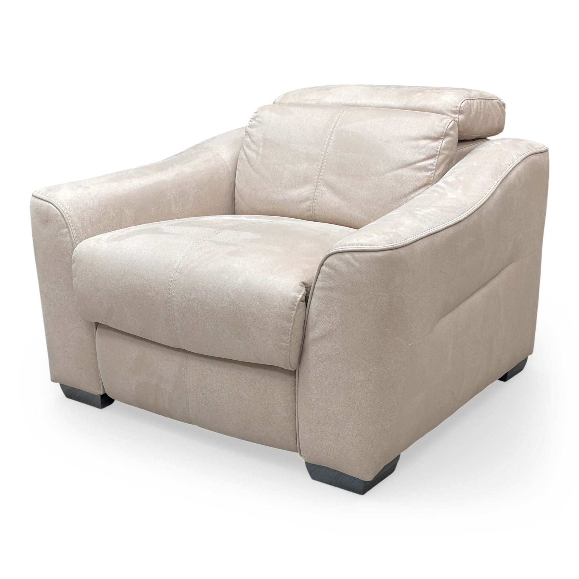 Side view of the ‘Xavier’ recliner chair in the fully upright position, showcasing the premium suede upholstery and sleek silhouette.