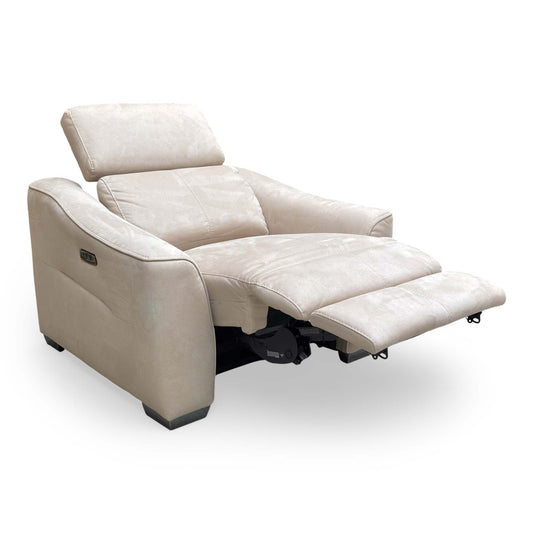 Front view of the World of Leather ‘Xavier’ Power Recliner Chair in Bisque Cream Suede, featuring a contemporary design and cushioned curves.