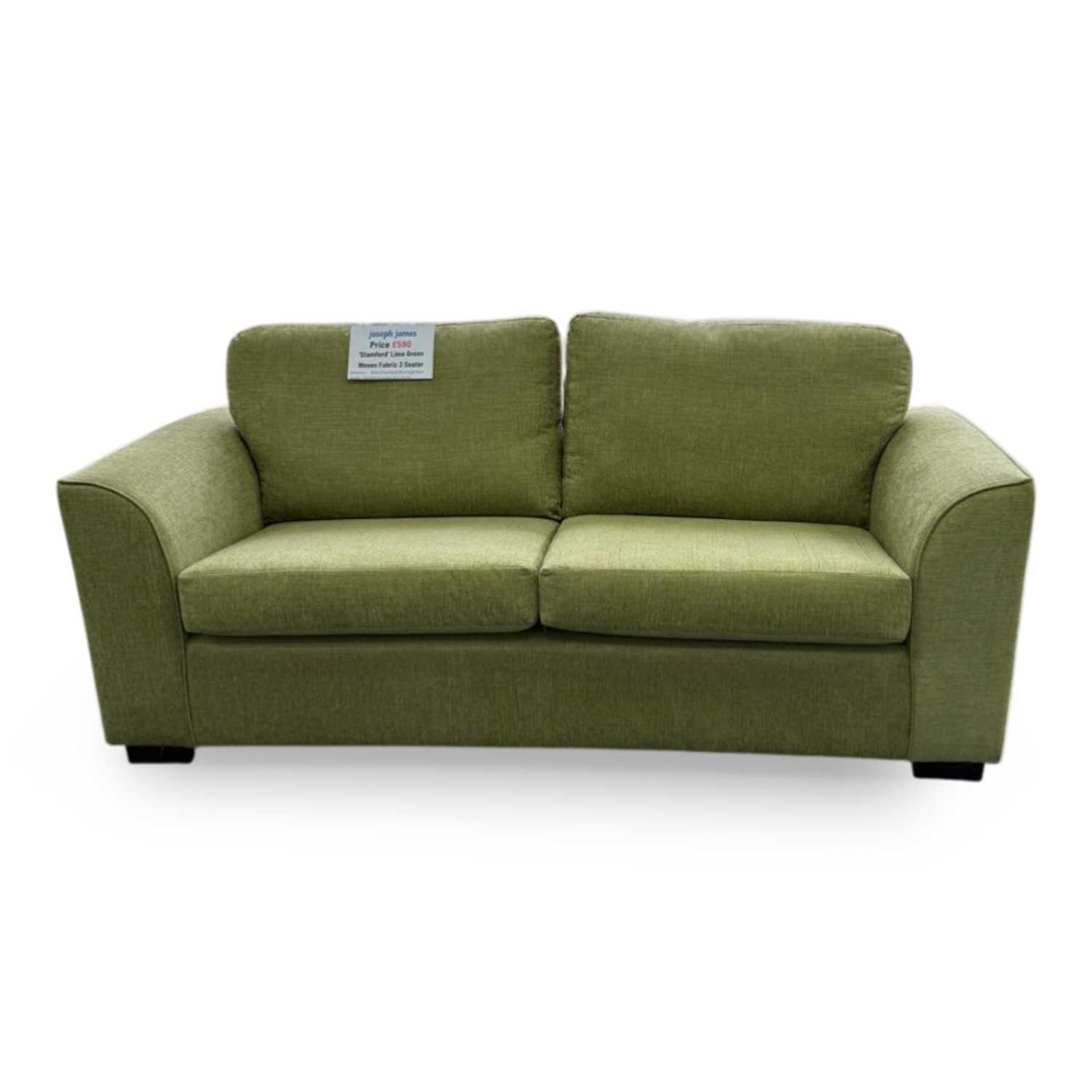 Front view of the Thornbrook ‘Stamford’ 3-seater sofa in vibrant lime green woven fabric, featuring a contemporary design.
