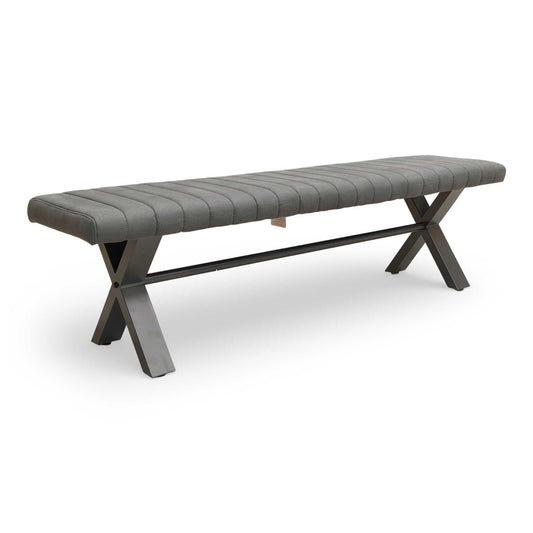 Full view of the 'Moon' 180cm dining bench in dark grey faux leather with fluted stitching and black metal X-shaped legs.