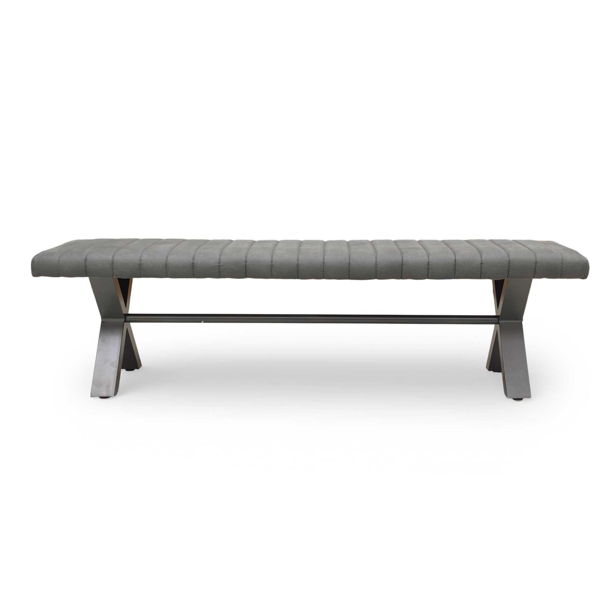Detailed view of the black metal X-shaped legs and frame construction of the 180cm bench.