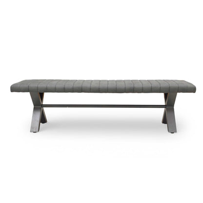 Detailed view of the black metal X-shaped legs and frame construction of the 180cm bench.