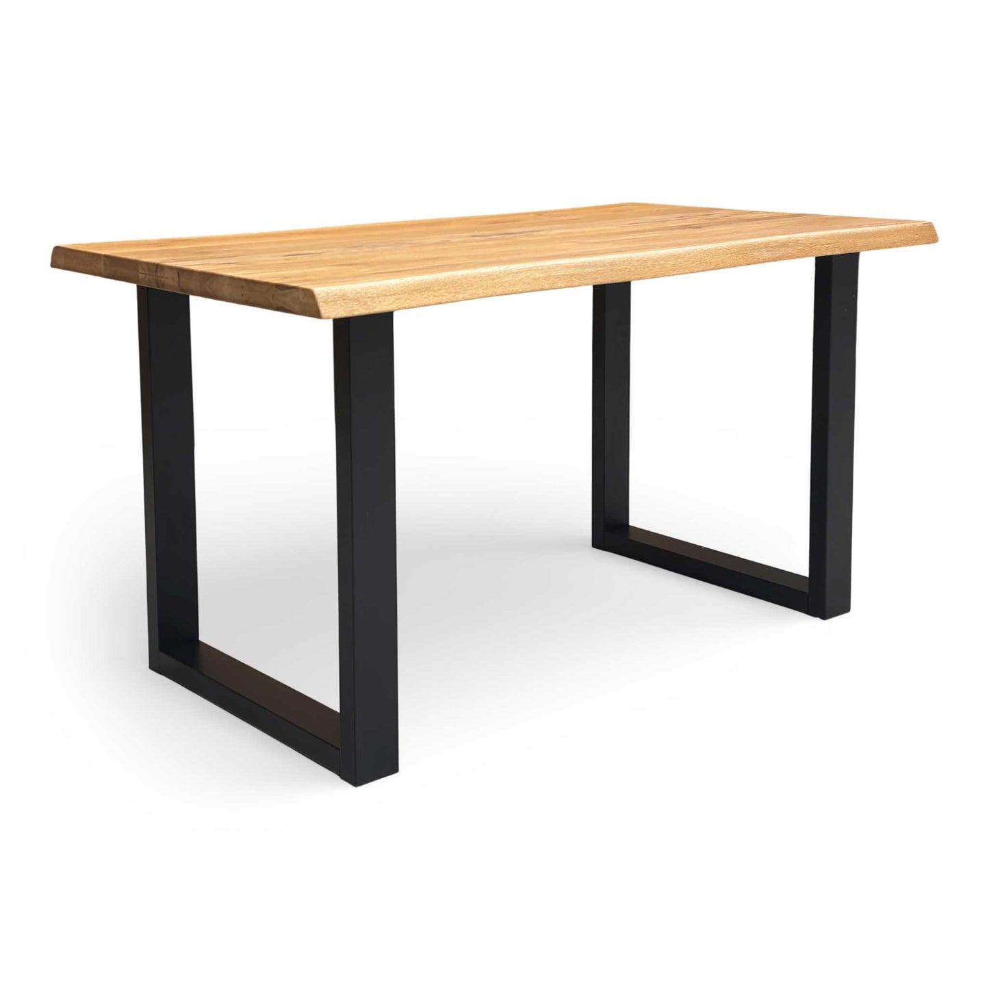 Full view of the Bodahl 'Terra' 01 dining table featuring an oiled solid oak top with natural raw edges and black U-shaped legs. 
