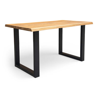 Full view of the Bodahl 'Terra' 01 dining table featuring an oiled solid oak top with natural raw edges and black U-shaped legs. 