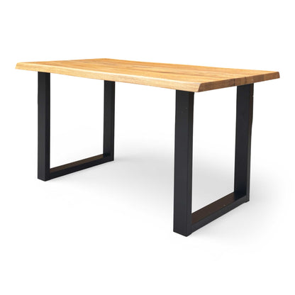 Angle shot of the dining table in a room setting, emphasizing the blend of natural wood and modern metal design.
