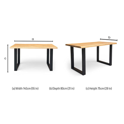 Dimensions for the Bodahl 'Terra' 01 Oiled Solid Oak Raw Edge 140cm Dining Table