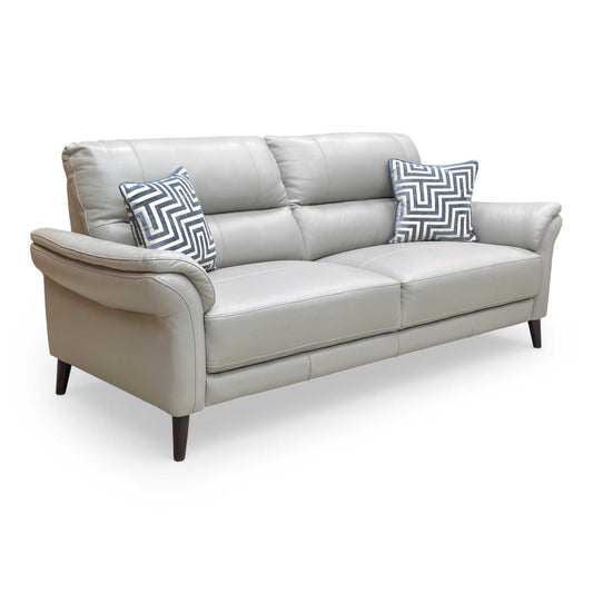 Full view of the Furniture Village ‘Winner’ 3-seater sofa in Oslo Cat-40:27 light grey leather, showcasing a contemporary style with clean lines.