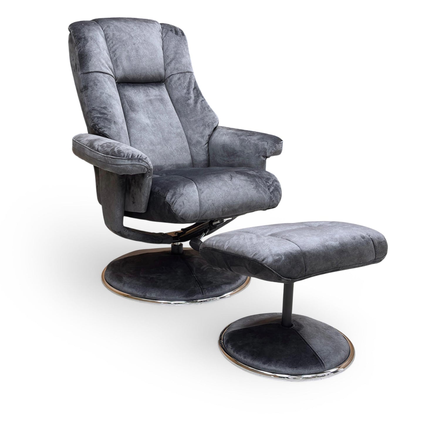 Full view of the Furniture Village ‘Troyes’ High-Back 360 Swivel Chair and matching footstool in Liquorice Charcoal velvet fabric.