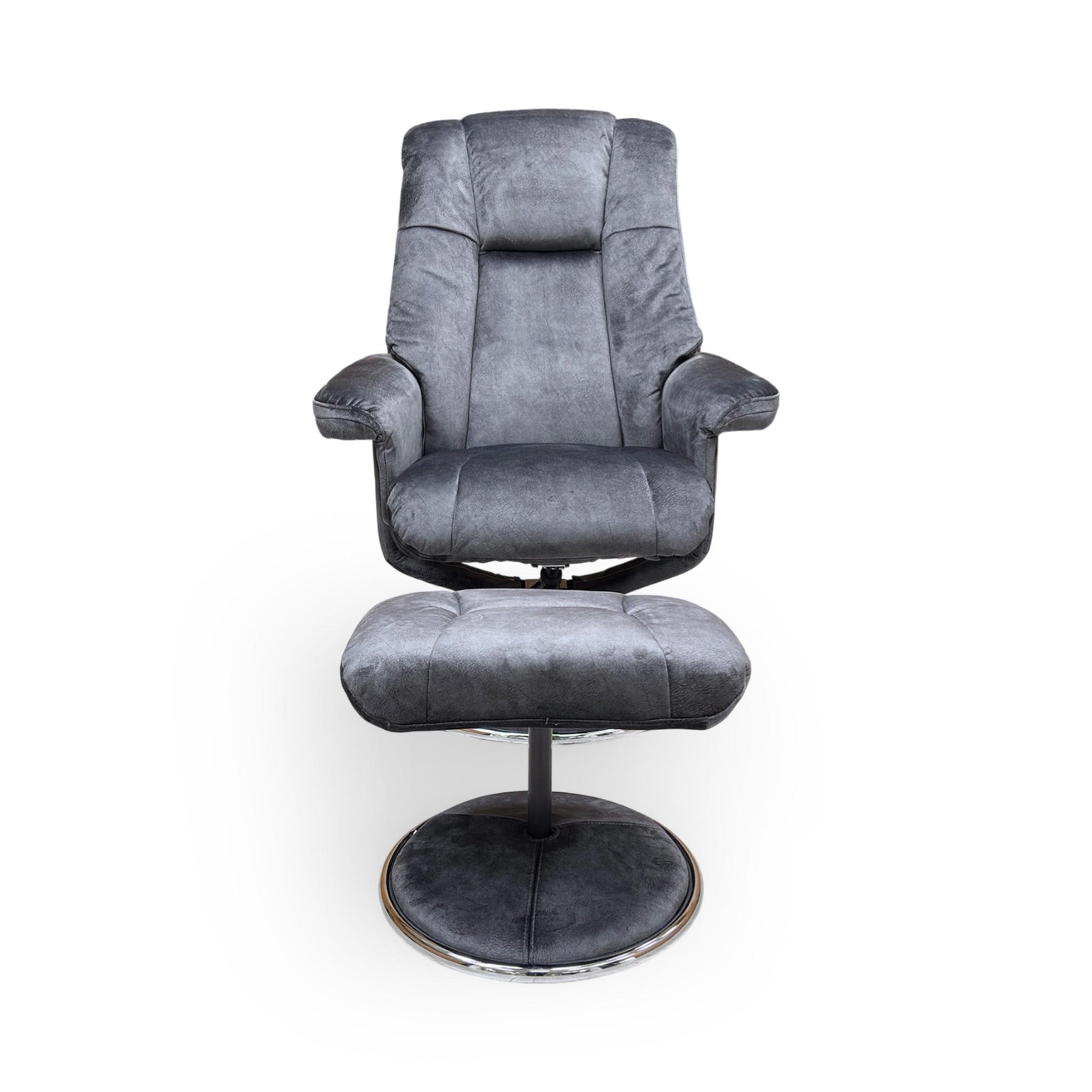 Front view of the Furniture Village ‘Troyes’ High-Back 360 Swivel Chair and matching footstool in Liquorice Charcoal velvet fabric.