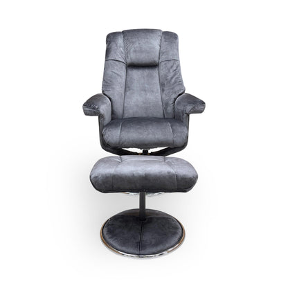 Front view of the Furniture Village ‘Troyes’ High-Back 360 Swivel Chair and matching footstool in Liquorice Charcoal velvet fabric.