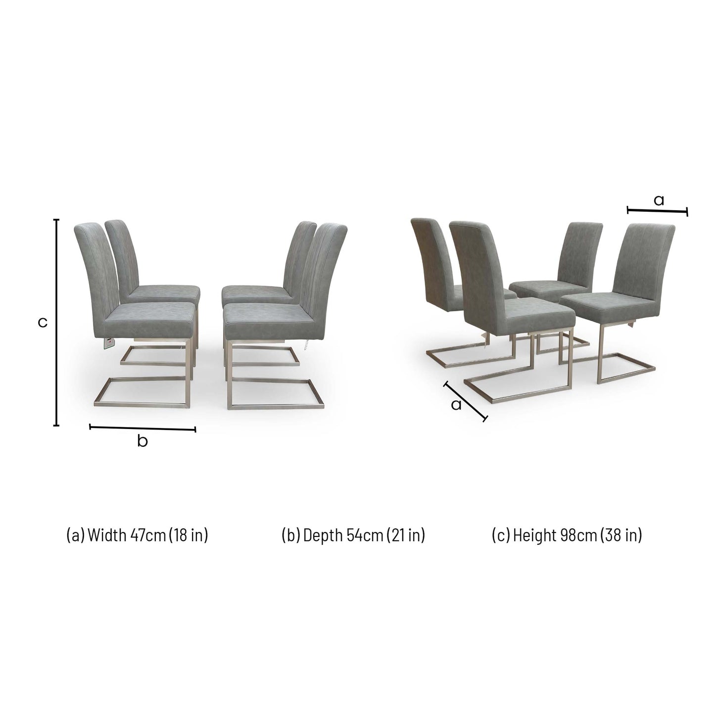 Dimensions for the Furniture Village ‘Grigio’ Grey Faux Leather Cantilever Dining Chairs