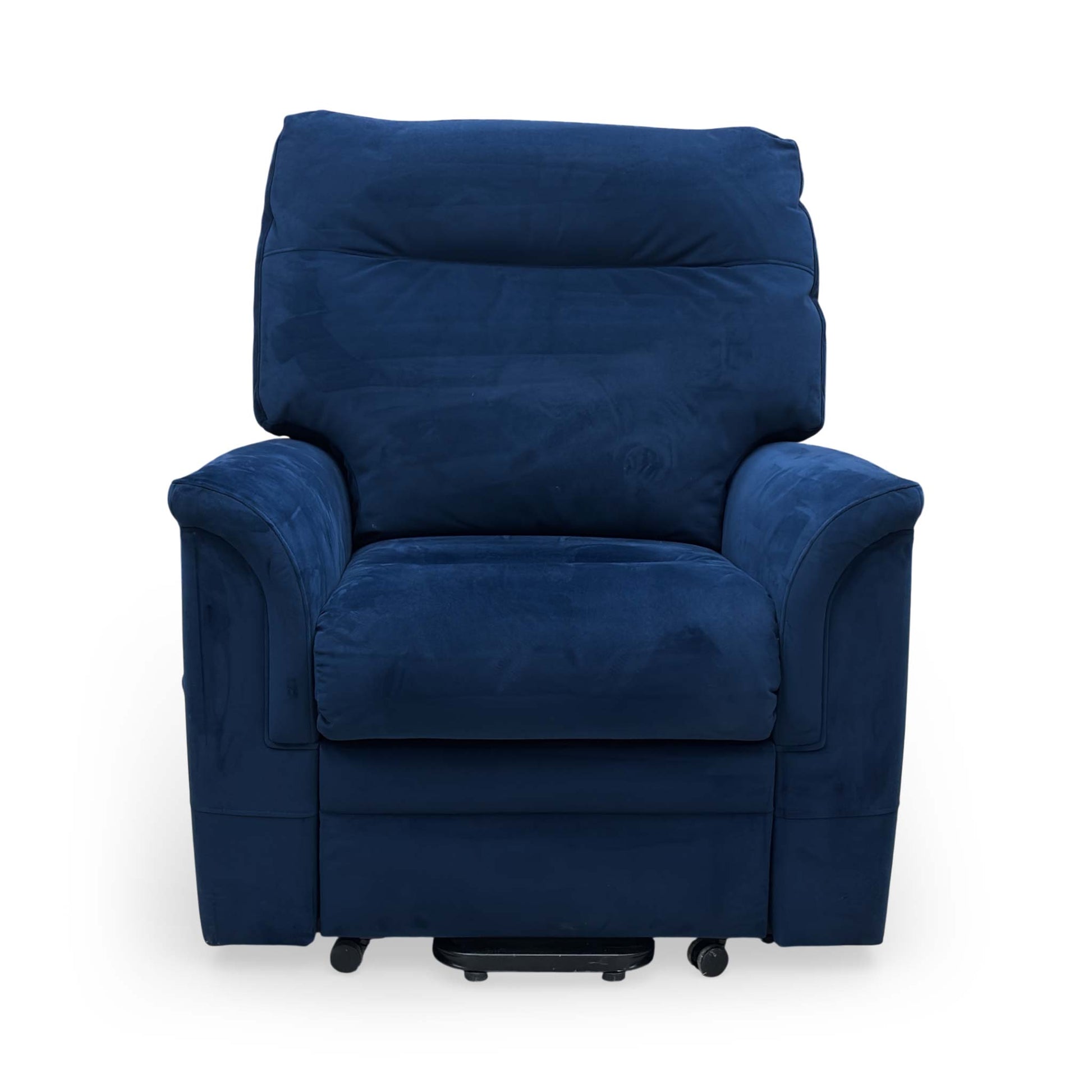 Front View of the navy blue velvet texture and stitching on the Parker Knoll chair.