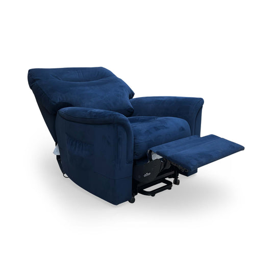 Full view of the Parker Knoll 'Hudson 23' large lift and rise chair in navy blue velvet, featuring power functionality.