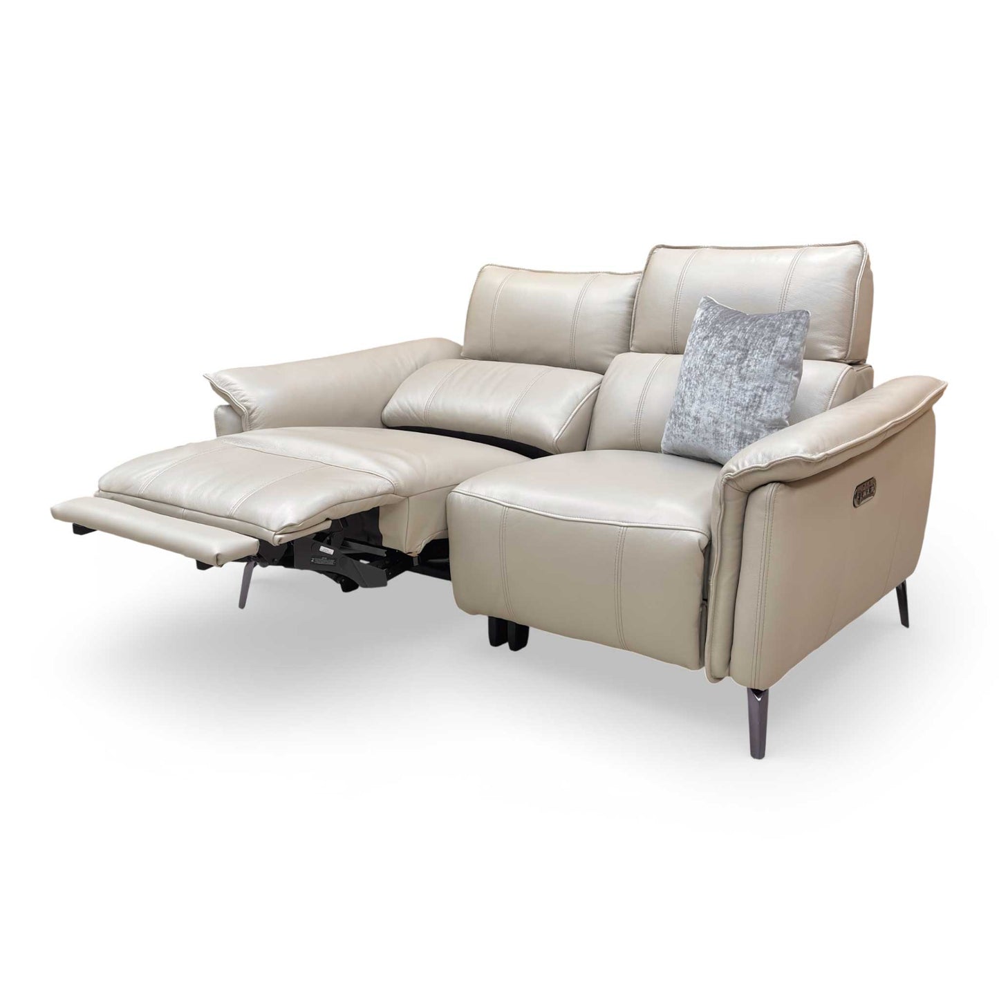 View of the sofa with one seat fully reclined, demonstrating the head-to-toe comfort and ergonomic lumbar support.