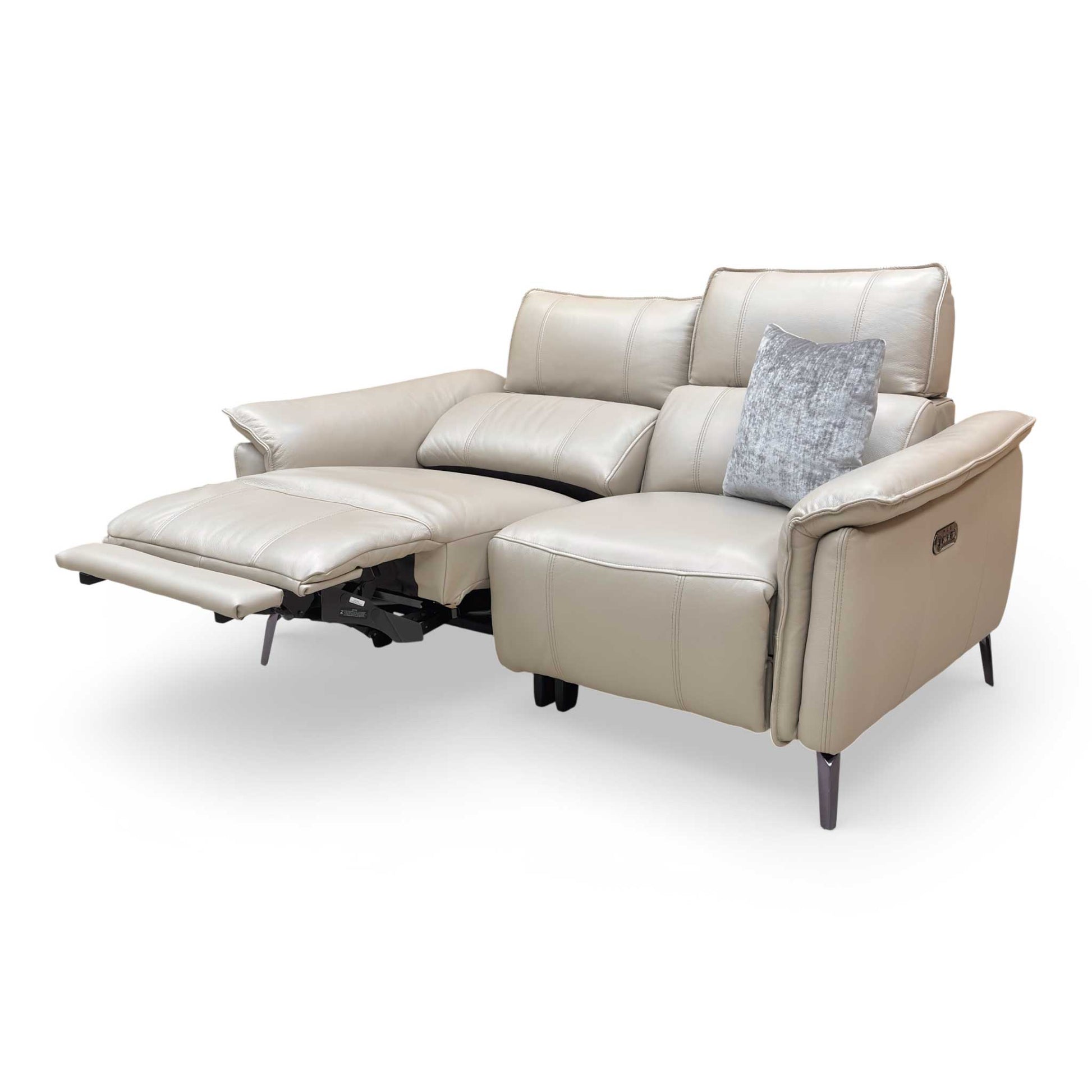 View of the sofa with one seat fully reclined, demonstrating the head-to-toe comfort and ergonomic lumbar support.