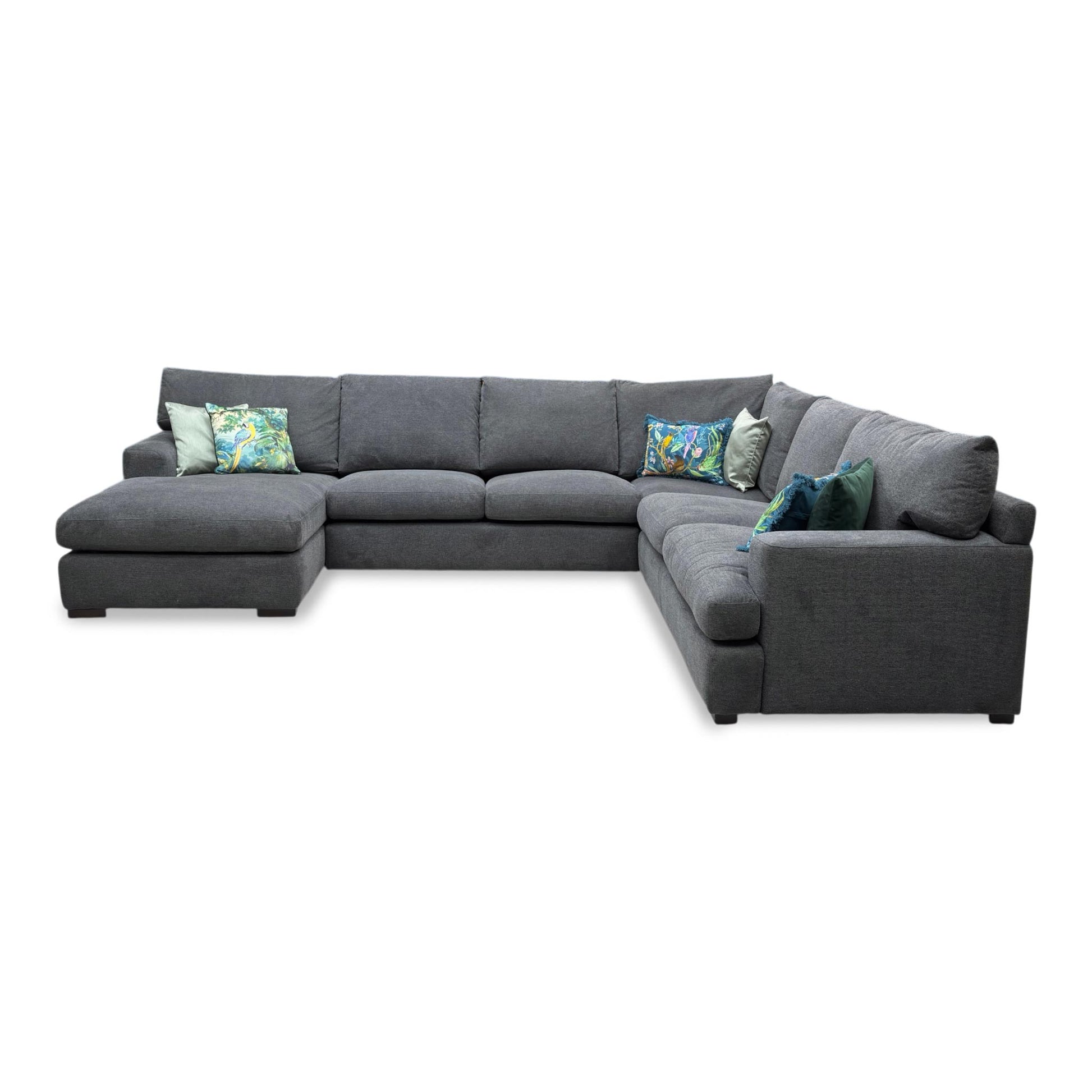 Front view of the charcoal fabric sofa, highlighting the wide seating area, plush cushions, and contemporary silhouette.