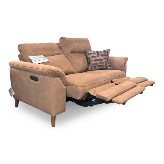 Full View ‘Morgan’ contemporary 2-seater power recliner sofa, beautifully upholstered in a luxurious, soft-touch Dexter Sand velvet with an elegant, plush silhouette.