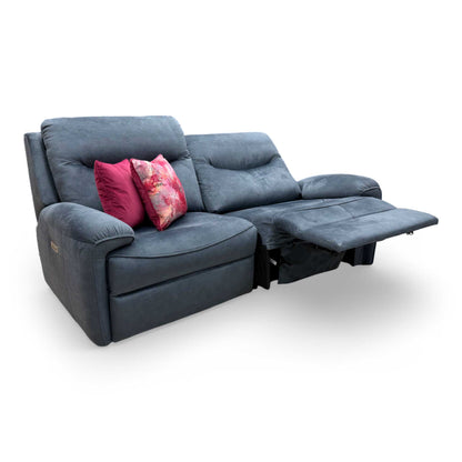 Full view of the G Plan 'Amesbury' 3-seater power recliner sofa in Midnight Blue velvet, featuring power headrests and power lumbar support.