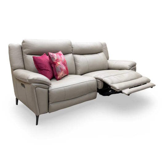 Full view of the 'Panache' 3-seater power recliner sofa in oyster-colored leather, featuring a contemporary high-back design.