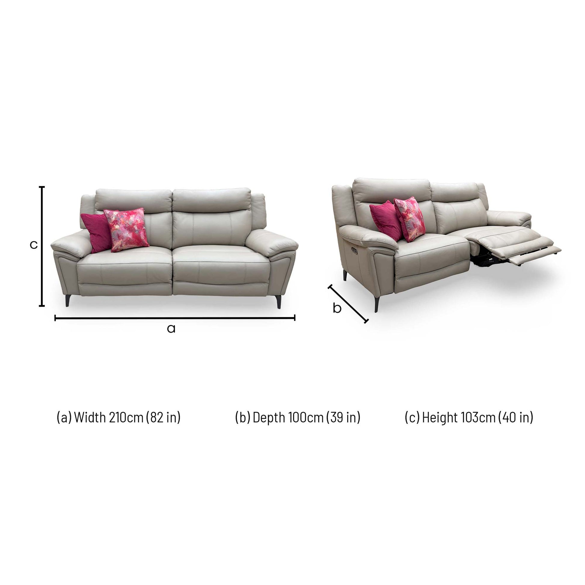 Dimensions for the Furniture Village 'Panache' Oyster Leather 3 Seater Power Recliner Sofa