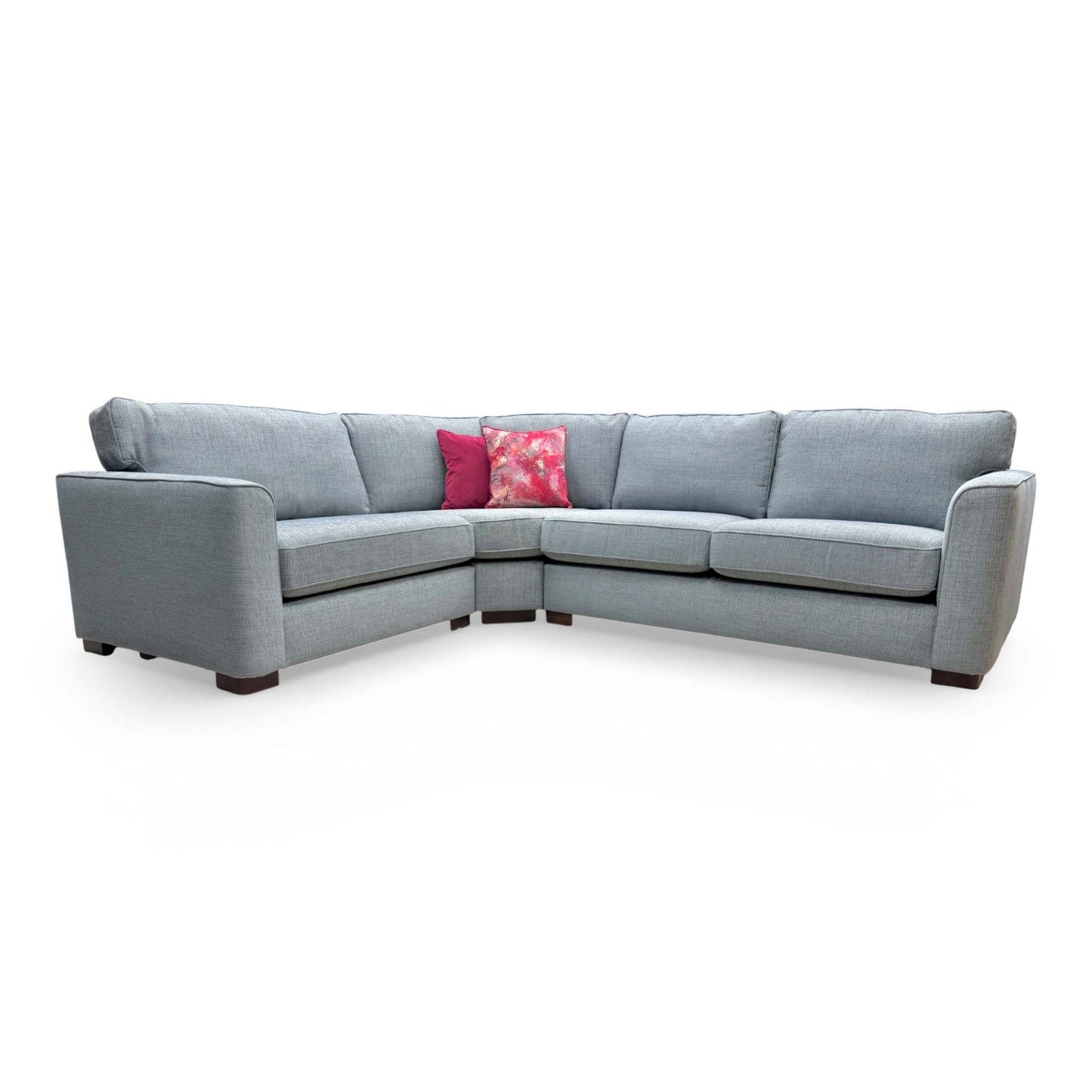 Full view of the 'Elora' Kento corner sofa in Deep Sea Grey woven fabric, showcasing a left-hand facing chaise configuration.