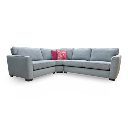 Full view of the 'Elora' Kento corner sofa in Deep Sea Grey woven fabric, showcasing a left-hand facing chaise configuration.