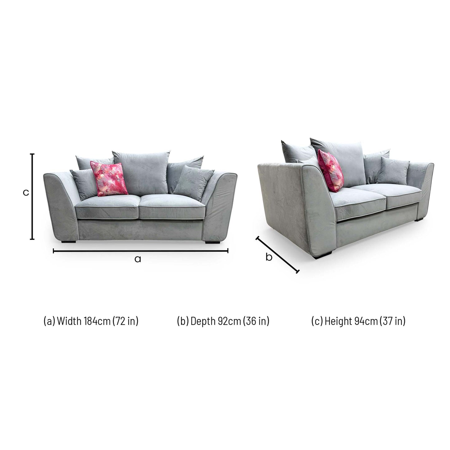 Dimensions for the Very 'Cairo' Grey Velvet 2-Seater Scatter Back Sofa.