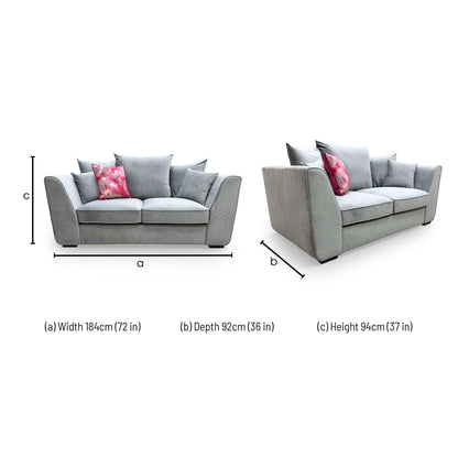 Dimensions for the Very 'Cairo' Grey Velvet 2-Seater Scatter Back Sofa.
