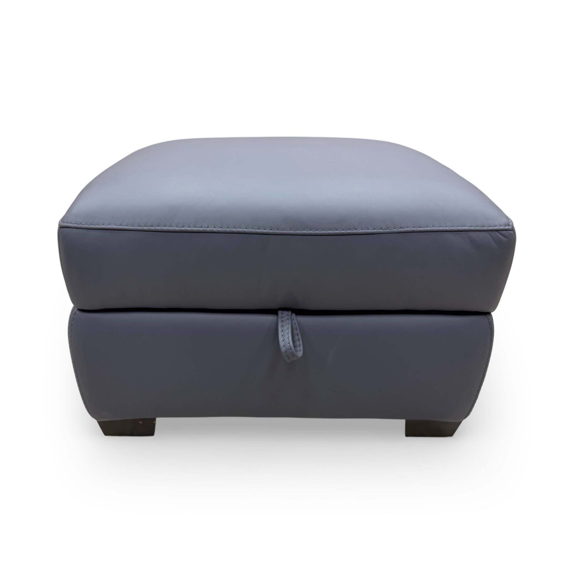 Front view of the ocean blue leather footstool, emphasizing the quality of the premium leather upholstery.