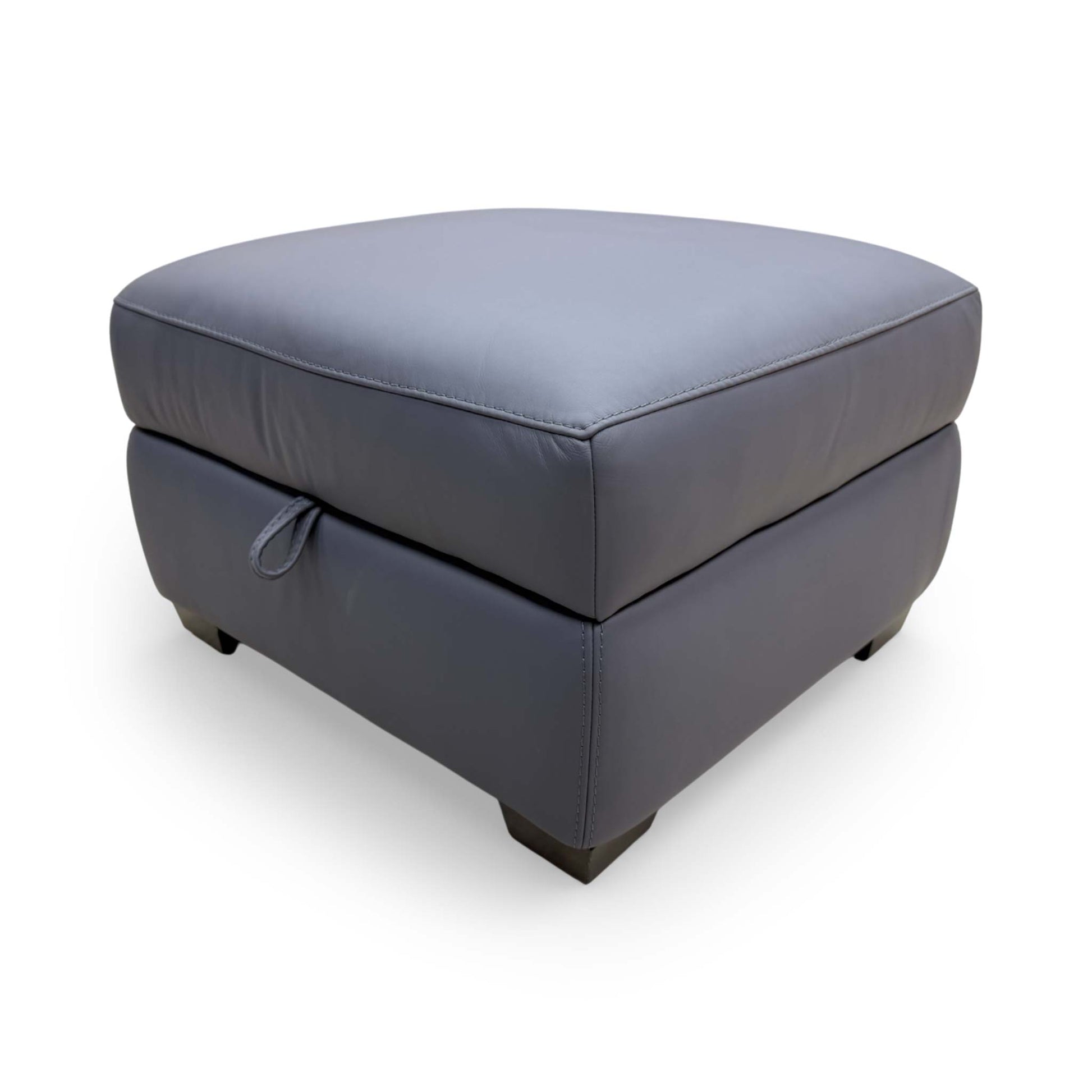 Front view of the World of Leather 'Cozee' storage footstool in ocean blue premium leather.
