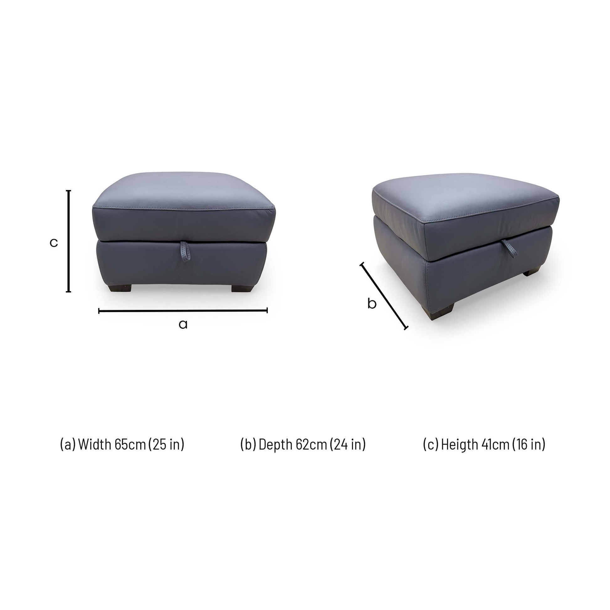 Dimensions for the World of Leather 'Cozee' Ocean Blue Leather Storage Footstool.