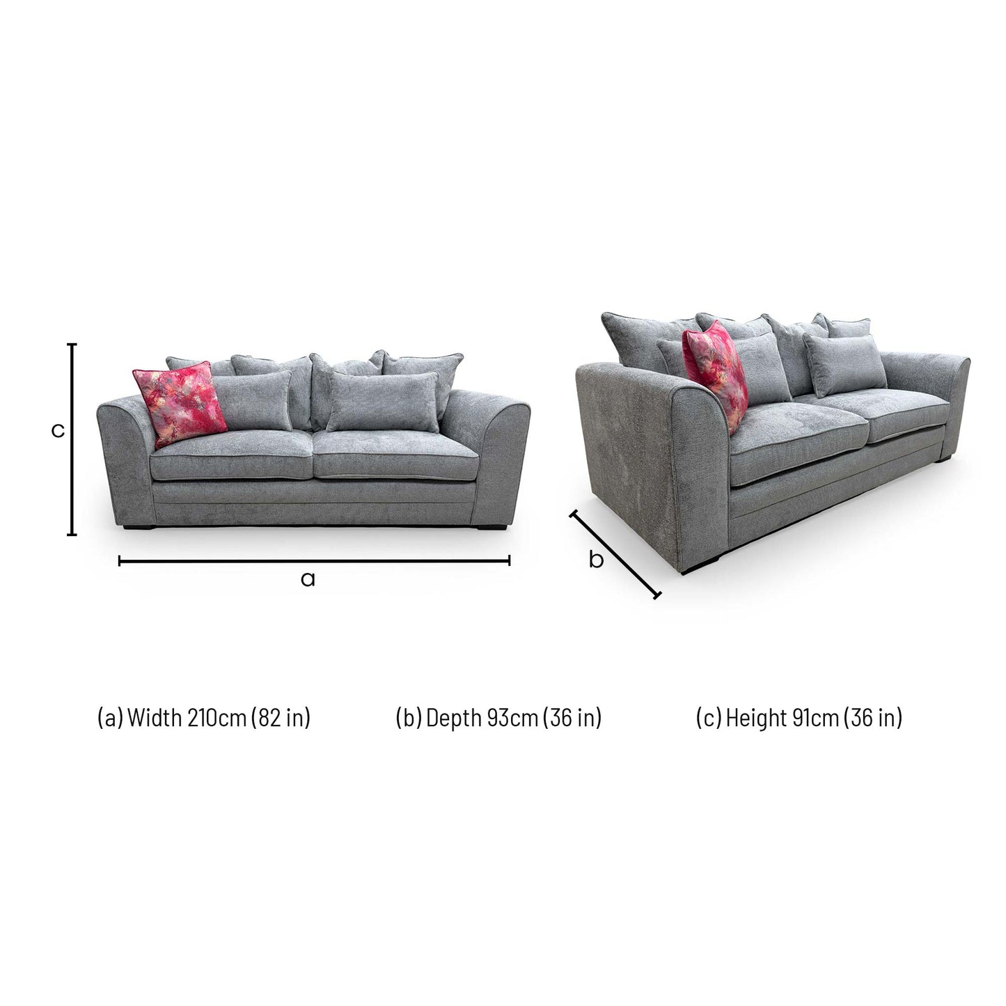Dimensions for the Very 'Soho' Grey Fabric Scatter Back 3 Seater Sofa.