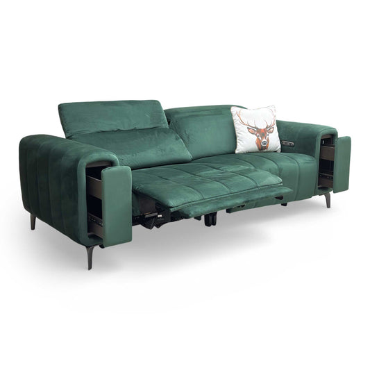 ‘Elphaba’ Opulence Bottle Green 51011 Velvet 3 Seater Power Recliner Sofa with Storage Arms