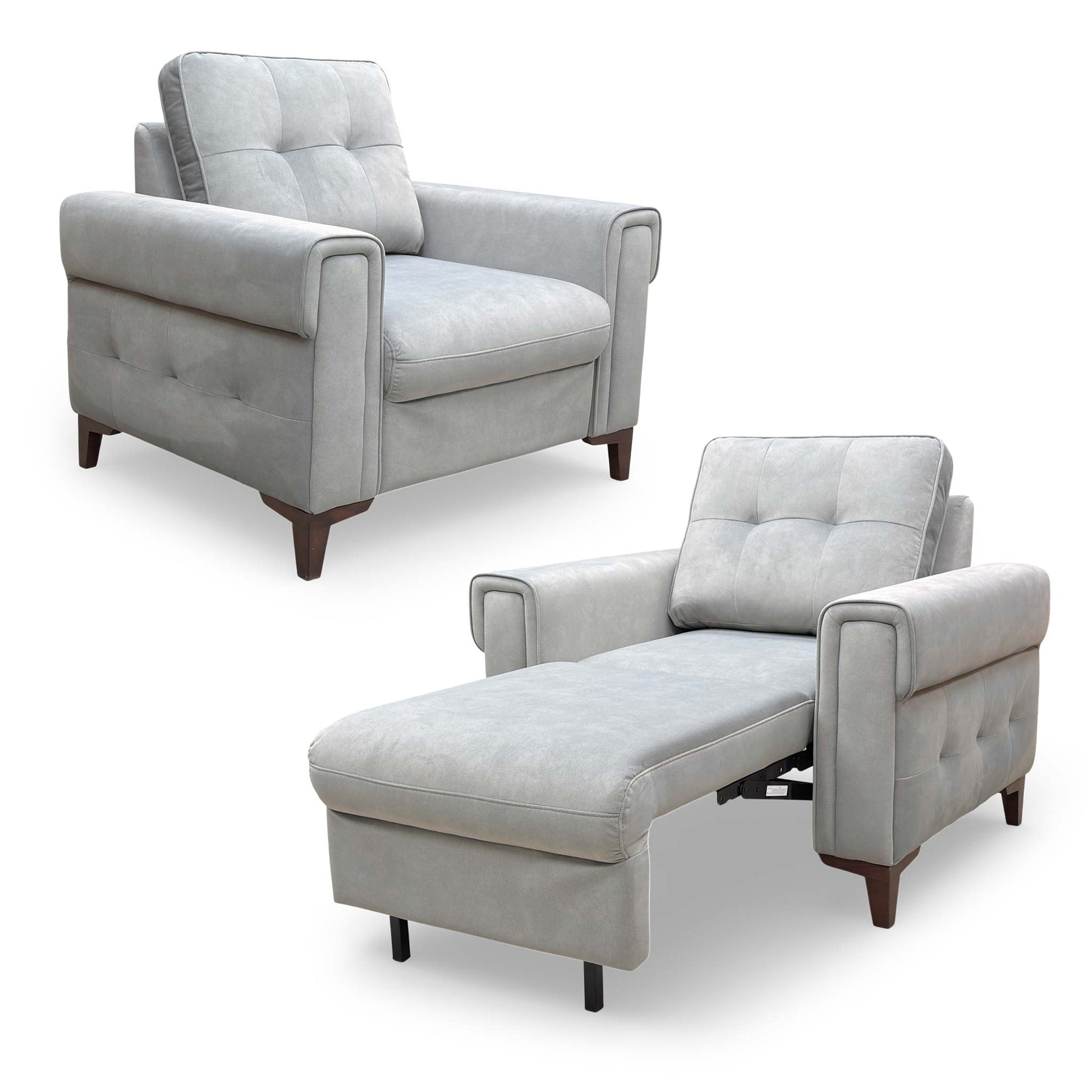 Front view of the 'Zoom' Nappe Grey velvet chair sofa bed from Furniture Village, featuring a contemporary button-back design.