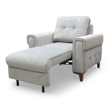 Side profile of the 'Zoom' grey velvet chair bed, emphasizing its compact and contemporary profile.