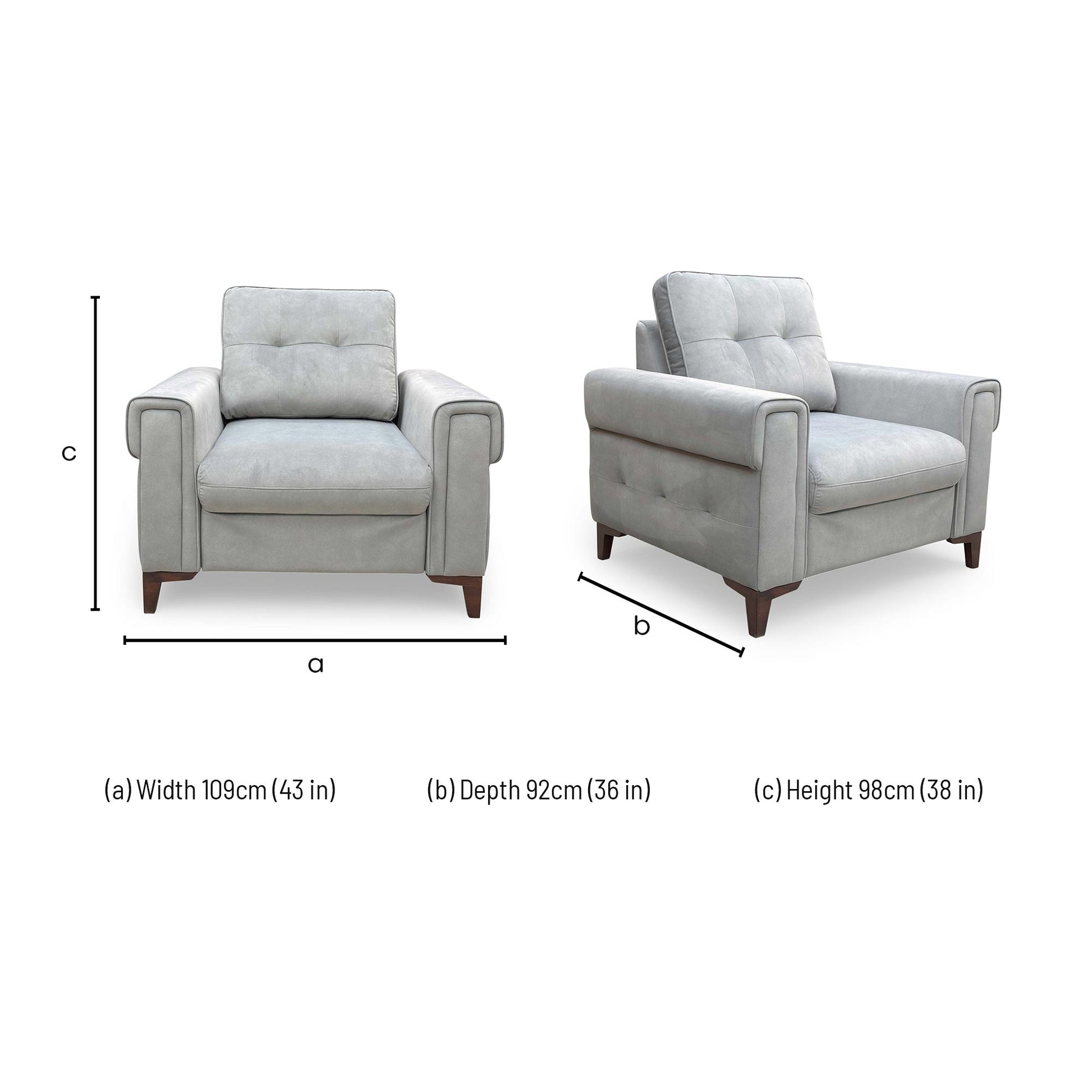 Dimensions diagram for the 'Zoom' Nappe Grey Velvet Chair Sofa Bed.
