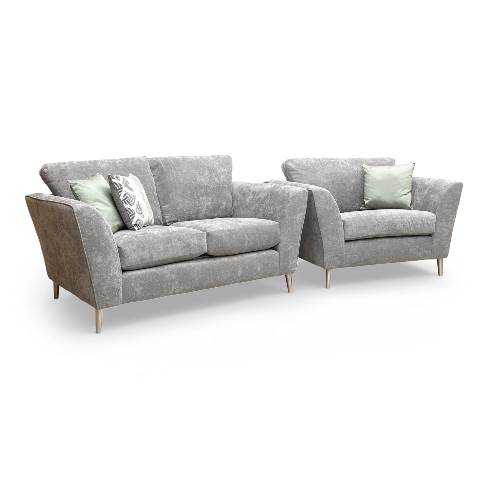 Front view of the Thornbrook 'Lana' 2-seater sofa and matching love chair set, upholstered in Kingston grey fabric with a contemporary design.