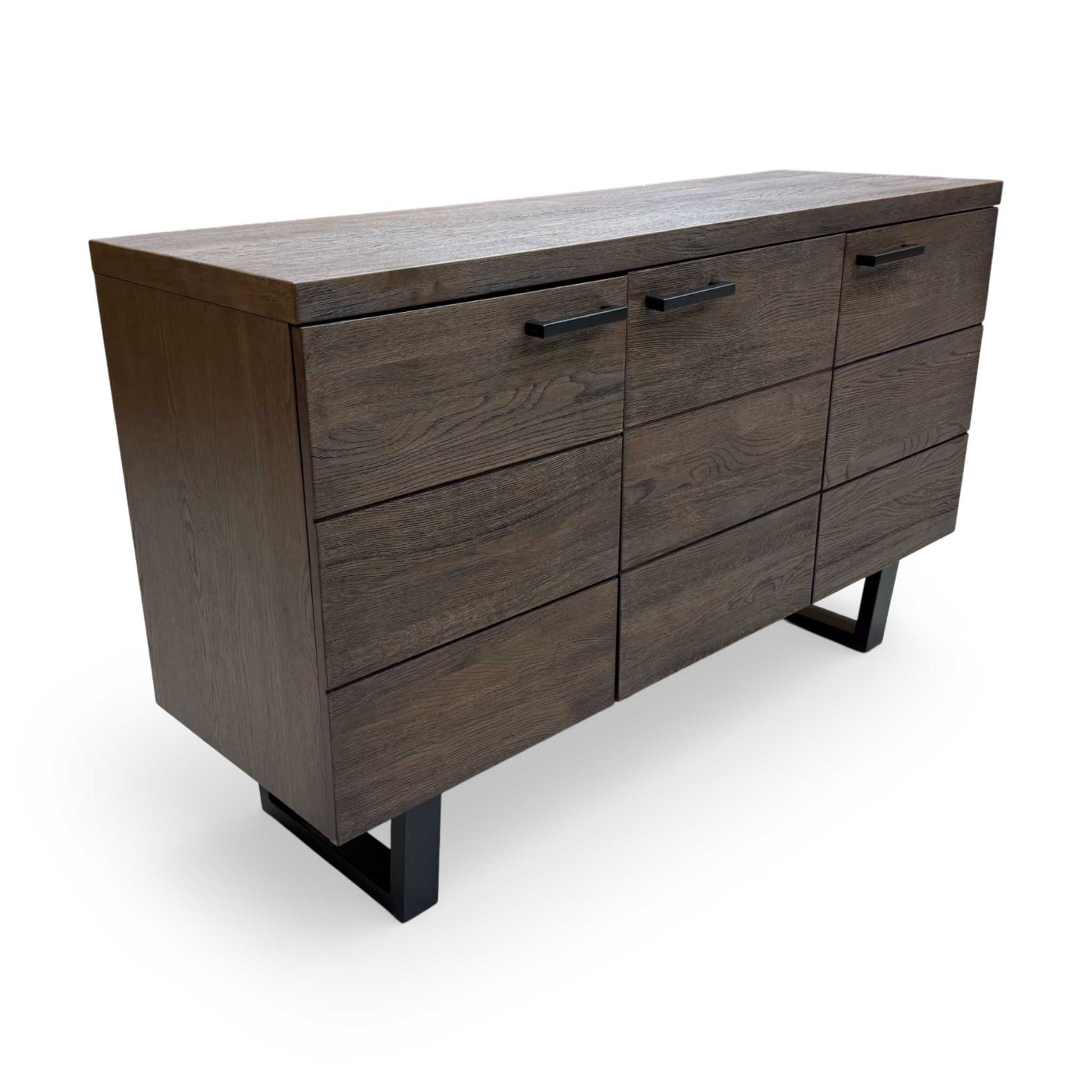 Full view of the Mars Dark Oak Sideboard, showcasing the three-door storage configuration and sophisticated dark finish.