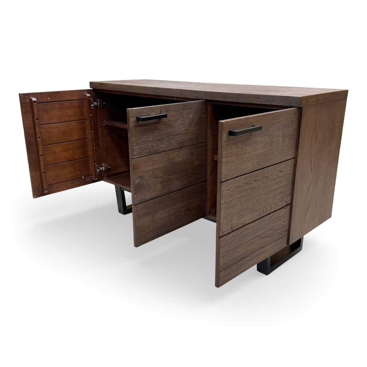 Angled shot of the Mars sideboard, showcasing the depth of the dark oak stain and the smooth, professional finish.