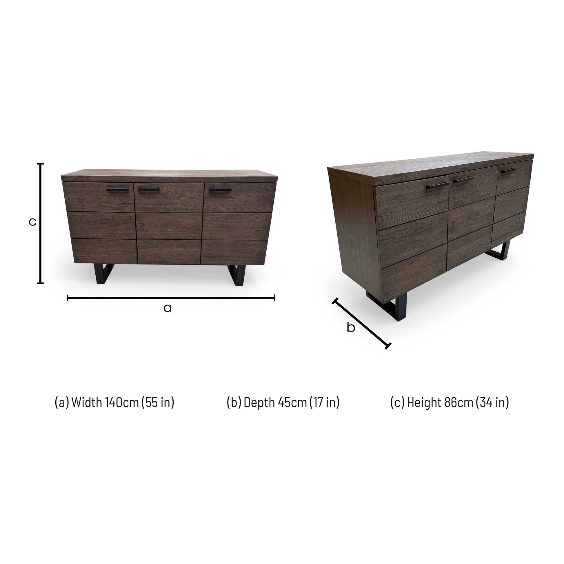 Dimensions for the Furniture Village 'Mars' Dark Oak Solid Oak Large 3 Door Sideboard.